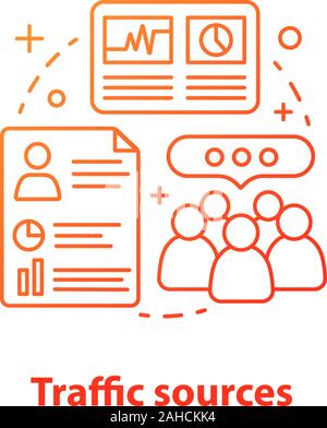 Web site Verkehr Quellen Konzept Symbol. Publikum Wachstum, die Einrückgeschwindigkeit. Idee, dünne Linie Abbildung. SMM-Metriken. Web Analytics. Kunden Attraktion. Stock Vektor