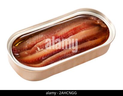 Geöffnete Dose Sardellen Filet in Öl. Auf weissem Hintergrund Stockfoto