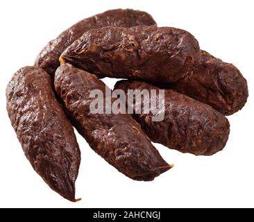 Im spanischen Stil raw morcilla (Blutwurst mit Reis). Auf weissem Hintergrund Stockfoto