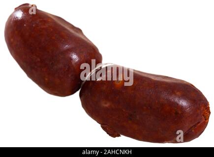 Im spanischen Stil raw morcilla (Blutwurst mit Reis). Auf weissem Hintergrund Stockfoto