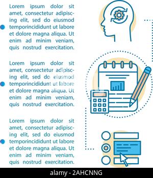 Emotionen steuern Artikel Seite vektor Vorlage. Denken, Handeln - planen, Zielerreichung, Gefühl. Broschüre Design Element mit linearen Symbole und Text bo Stock Vektor