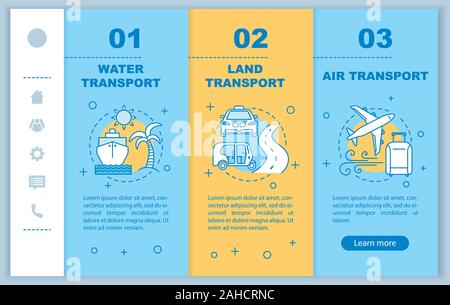 Transport Services mobile App Seite Bildschirm vektor Vorlage. Reisen per Bus, Schiff, Flugzeug. Wasser, Land, Luft- exemplarische Vorgehensweise mit linearen il Stock Vektor
