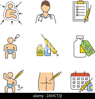 Impfungen und Immunisierung farbige Symbole gesetzt. Immunsystem Kid, Krankenschwester, Impfung und Kalender, Impfstoff Preis, Spritze, Fläschchen, intramuscul Stock Vektor