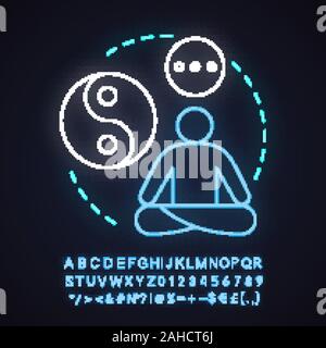 Ruhe Neon Licht Konzept Symbol. Wellness Idee. Meditation, Yoga. Leuchtende Zeichen mit Alphabet, Zahlen und Symbolen. Vektor isoliert Abbildung Stock Vektor