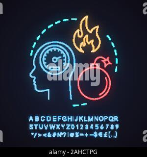 Zorn Neon Licht Konzept Symbol. Frustration Idee. Stress. Kopf mit Tachometer innerhalb, Bombe und Feuer. Leuchtende Zeichen mit Alphabet, Zahlen und Symbolen. Stock Vektor
