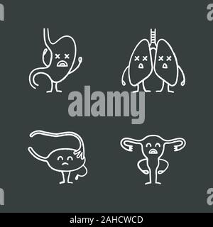 Traurige menschliche innere Organe Zeichen chalk Symbole gesetzt. Unglücklich Magen-, Lungen-, Eierstock-, Gebärmutter. Ungesunde verdauungs-, atmungs-, weiblichen reproduktiven sys Stock Vektor