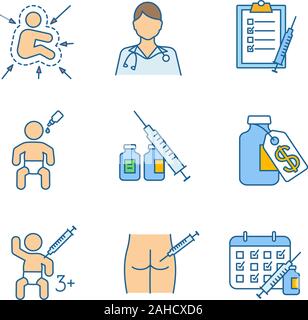 Impfungen und Immunisierung farbige Symbole gesetzt. Immunsystem Kid, Krankenschwester, Impfung und Kalender, Impfstoff Preis, Spritze, Fläschchen, intramuscul Stock Vektor