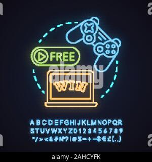 Kostenlose Neon Licht Konzept Symbol zu spielen. Spielen Sie Spiele Idee. Digitale Unterhaltung. Online Casino. Leuchtende Zeichen mit Alphabet, Zahlen und Symbolen. Vektor i Stock Vektor