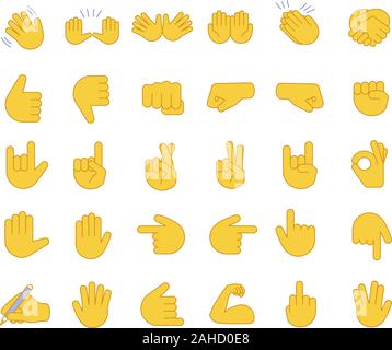 Geste emojis farbige Symbole gesetzt. Pointing Finger, Fäuste, Palmen. Social Media, Network Emoticons. OK, Hallo, Rock, wie Gestik. Hand Symbole. Ich Stock Vektor