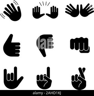 Geste emojis Glyphe Symbole gesetzt. Winken, Stop, Jazz, Daumen nach oben und unten, Faust, Liebe, Glück, Lüge und gestikulierte. Offene Hände, gekreuzten Fingern. Silhoue Stock Vektor
