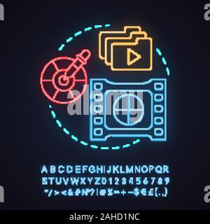 Post Production Neon Licht Konzept Symbol. Video, Foto bearbeiten Idee. Leuchtende Zeichen mit Alphabet, Zahlen und Symbolen. Vektor isoliert Abbildung Stock Vektor