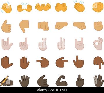 Geste emojis farbige Symbole gesetzt. Pointing Finger, Fäuste, Palmen. Social Media, Network Emoticons. OK, Hallo, Rock, wie Gestik. Hand Symbole. Ich Stock Vektor