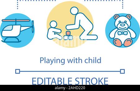 Spielen mit Kind Konzept Symbol. Aufklärung Idee, dünne Linie Abbildung. Kinder Spielzeug. Hubschrauber, Teddybären. Eltern spielen mit dem Baby. Kinderbetreuung, Unterhaltung Stock Vektor