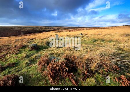 Blick über Barbrook 1 Stone Circle, Ramsley Großes Moor, Nationalpark Peak District, Derbyshire, England, Großbritannien Stockfoto