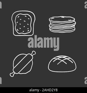 Bäckerei chalk Symbole gesetzt. Toast mit Marmelade, Pfannkuchen stack, Rolling Pin und Teig, Roggenbrot Brot. Isolierte vektor Tafel Abbildungen Stock Vektor