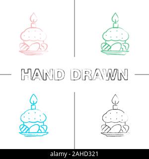 Ostern Kuchen, Eier und Kerze Hand gezeichneten Symbole gesetzt. Farbe pinselstrich. Isolierte Vektor sketchy Abbildungen Stock Vektor