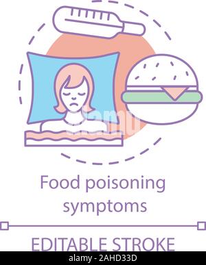 Lebensmittelvergiftung symptom Konzept Symbol. Verdauungsstörungen Idee dünne Linie Abbildung. Lebensmittelbedingten Erkrankungen. Krankheit. Fieber, hohe Temperatur. Vektor isoliert o Stock Vektor