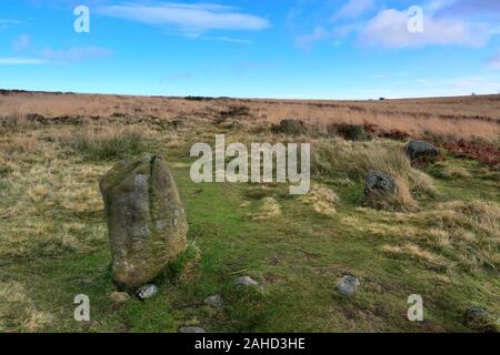 Blick über Barbrook 1 Stone Circle, Ramsley Großes Moor, Nationalpark Peak District, Derbyshire, England, Großbritannien Stockfoto