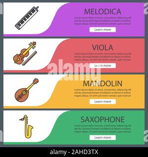 Musikinstrumente Web Banner Vorlagen eingestellt. Melodica, Bratsche, Mandoline, Saxophon. Website Farbe Menüpunkte. Vektor header Design Konzepte Stock Vektor