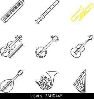 Musikinstrumente lineare Symbole gesetzt. Melodica, Duduk, Posaune, Viola, Banjo, Gitarre, Mandoline, Horn, gusli. Thin Line Kontur Symbole. Isolat Stock Vektor