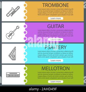 Musikinstrumente Web Banner Vorlagen eingestellt. Posaune, Gitarre, Psalter, Mellotron. Website Farbe Menüpunkte mit linearen Symbolen. Vektor header Design Stock Vektor