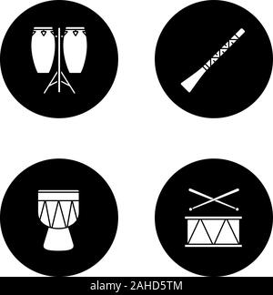 Musikinstrumente Glyphe Symbole gesetzt. Conga, Didgeridoo, kendang, drum. Vektor weisse Silhouetten Abbildungen in schwarzen Kreisen Stock Vektor