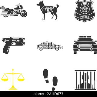 Polizei Glyphe Symbole gesetzt. Motorrad, Militär, Hund, Polizei Abzeichen, Taser, Autos, Gerechtigkeit Skalen, Footprints, gefangen. Silhouette Symbole. Vektor isoliert Stock Vektor