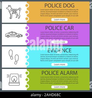 Polizei Web Banner Vorlagen eingestellt. Militärische Hund, Auto, Footprints, Alarm. Website Farbe Menüpunkte mit linearen Symbolen. Vektor header Design Konzepte Stock Vektor