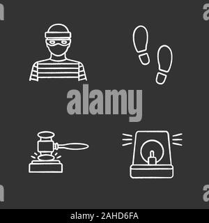 Polizei chalk Symbole gesetzt. Räuber, Footprints, Hammer, Alarm. Isolierte vektor Tafel Abbildungen Stock Vektor