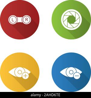 Ophtalmology flache Bauweise lange Schatten Glyphe Symbole gesetzt. Kontaktlinsen, Membran, Myopie, Hyperopie. Vektor silhouette Abbildung Stock Vektor