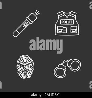 Polizei chalk Symbole gesetzt. Taschenlampe, kugelsichere Weste, Fingerabdruck, Handschellen. Isolierte vektor Tafel Abbildungen Stock Vektor