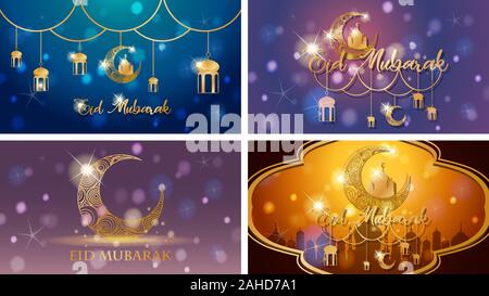 Vier Hintergründe für muslimische Festival Eid Mubarak Abbildung Stock Vektor