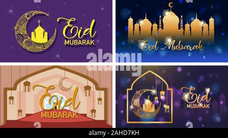 Vier Hintergründe für muslimische Festival Eid Mubarak Abbildung Stock Vektor