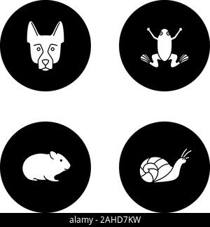 Haustiere Glyphe Symbole gesetzt. Deutscher Schäferhund, Frosch, Hamster, Schnecke. Vektor weisse Silhouetten Abbildungen in schwarzen Kreisen Stock Vektor