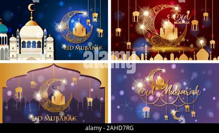 Vier Hintergründe für muslimische Festival Eid Mubarak Abbildung Stock Vektor