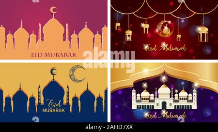 Vier Hintergründe für muslimische Festival Eid Mubarak Abbildung Stock Vektor