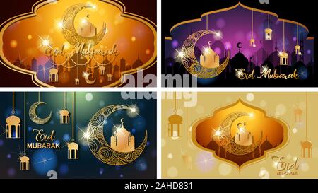 Vier Hintergründe für muslimische Festival Eid Mubarak Abbildung Stock Vektor