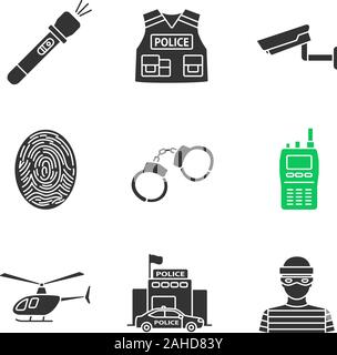 Polizei Glyphe Symbole gesetzt. Taschenlampe, kugelsichere Weste, Überwachungskamera, Fingerabdruck, Handschellen, walkie talkie, Hubschrauber, Polizei, Räuber. Stock Vektor