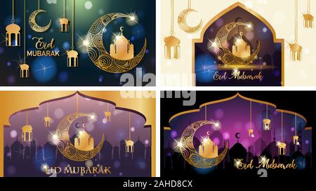 Vier Hintergründe für muslimische Festival Eid Mubarak Abbildung Stock Vektor