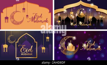 Vier Hintergründe für muslimische Festival Eid Mubarak Abbildung Stock Vektor