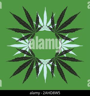 Hanf Blatt Mandala Kranz auf grünem Hintergrund. Vektor Linie Cannabis Blätter zeichnen und Silhouetten Stock Vektor