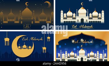 Vier Hintergründe für muslimische Festival Eid Mubarak Abbildung Stock Vektor