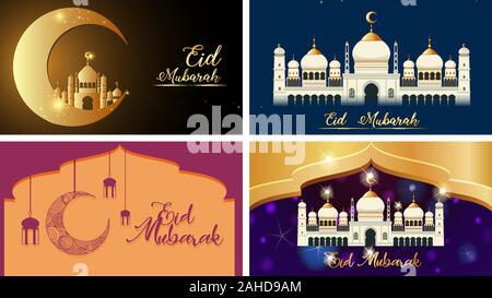 Vier Hintergründe für muslimische Festival Eid Mubarak Abbildung Stock Vektor