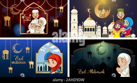 Vier Hintergründe für muslimische Festival Eid Mubarak Abbildung Stock Vektor