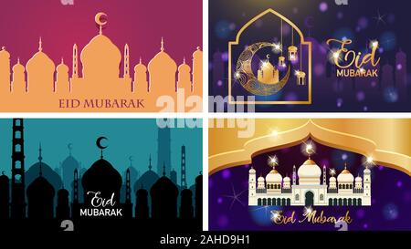 Vier Hintergründe für muslimische Festival Eid Mubarak Abbildung Stock Vektor