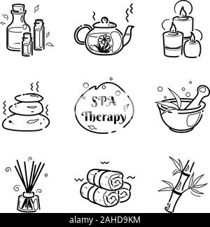 Spa Therapie Zeile für Symbole auf weißem Hintergrund für Wellness Salon gesetzt. Relax Massage vektor Zeichnung. Körper Gesundheit natur Konzept. Beauty pflege Design Elemente. Pflanzliche organische Kollektion. Stock Vektor