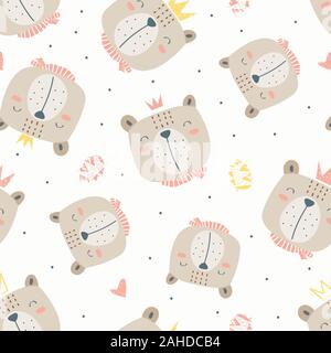 Seamless Childish pattern head of bear with crown in the white backdrop Stock Vektor