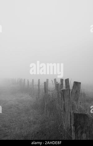 Holzzaun im Nebel im Norden Deutschlands verschwinden Stockfoto