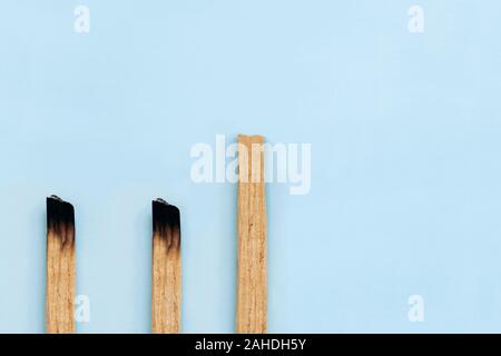 Palo Santo klebt auf einem blauen Hintergrund. Sie sind in der Aromatherapie und religiöse Riten und Meditationen verwendet. Stockfoto