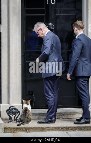 Michael Gove, konservative Minister, mit Kollegen, geben Sie Downing Street Nr.10, während Larry die Katze vor der Tür sitzt, London, UK Stockfoto